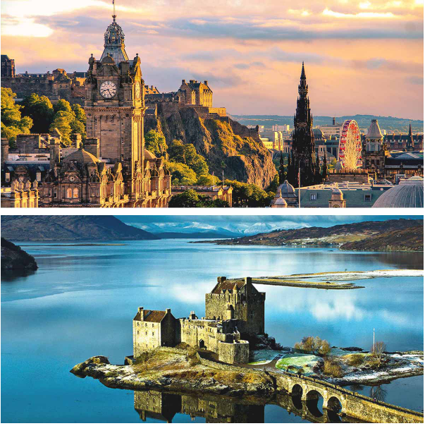 Top: Edinburgh, Scotland  |  Bottom: Eilean Donan Castle
